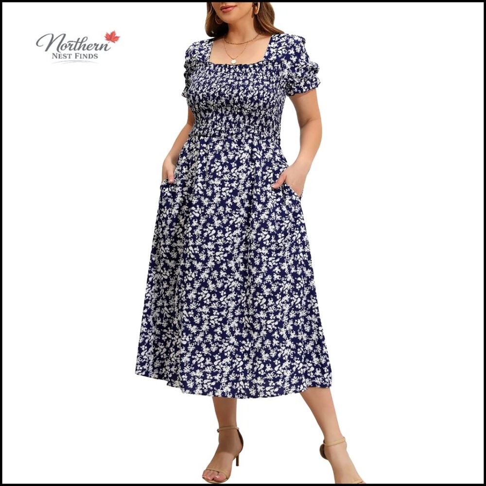 Plus Size Smocked Midi Dress Puff Sleeve Floral with Pockets